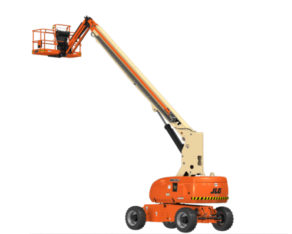 The 86ft Boom Lift is a large orange and beige machine featuring a telescopic extended arm and work platform, shown isolated on a white background.